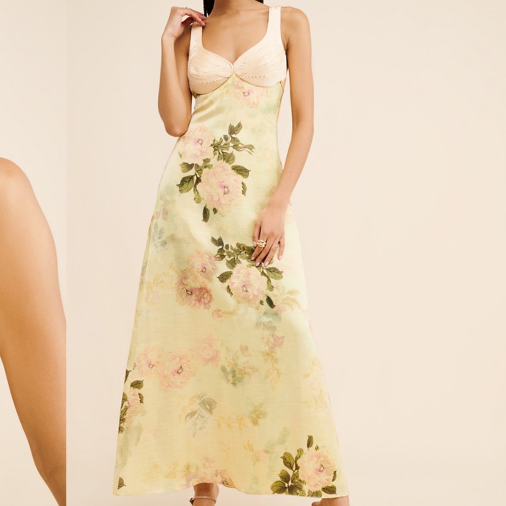 Floral Maxi Slip Dress in Pale Yellow & Blush